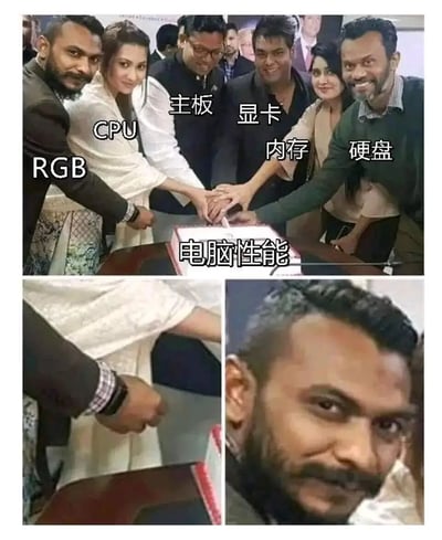 这是一张多图拼接的搞笑梗图，上方主图展示一群人共同切写有“电脑性能”的蛋糕，每个人被分别标注为电脑硬件：RGB、CPU、主板、显卡、内存、硬盘，营造出这些硬件都在为提升电脑性能出力的假象；下方的细节图则揭露了标注为RGB的人物根本没有碰到蛋糕，同时特写了他的狡黠表情，以此讽刺RGB灯光装饰作为电脑DIY中的常见卖点，实际上对电脑性能没有任何提升作用，调侃了部分商家或用户过度追求RGB而忽略核心硬件性能的现象。