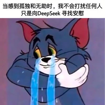 图片上方有文字'当感到孤独和无助时，我不会打扰任何人 只是向DeepSeek 寻找安慰'，下方是卡通角色汤姆猫（Tom）双手抱头哭泣的夸张表情，蓝色的眼泪大量流下，形成一种悲伤又略带滑稽的效果。这张梗图通过汤姆猫的悲伤形象与向AI寻求安慰的文字结合，幽默地表达了现代人在孤独时可能转向人工智能寻求情感支持的现象。
