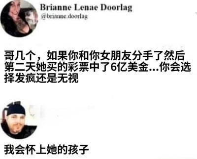 图片为社交媒体截图，展示了一段幽默对话。上方用户Brianne Lenae Doorlag（@brianne.doorlag）发布提问：“哥几个，如果你和你女朋友分手了然后第二天她买的彩票中了6亿美金...你会选择发疯还是无视”。下方另一位用户以荒诞逻辑回应：“我会怀上她的孩子”，通过制造预期之外的搞笑答案形成幽默效果。