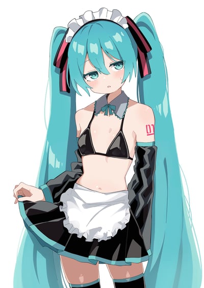 这是一幅动漫风格的插画，描绘了VOCALOID虚拟歌手初音未来。角色有着标志性的蓝绿色双马尾，佩戴着女仆头饰，身穿黑色比基尼式上衣搭配白色褶边围裙和黑色短裙。她的左臂上有红色的"01"纹身，表情显得有些害羞，正用手轻轻提起裙摆。整体画面采用白色背景，突出角色形象。
