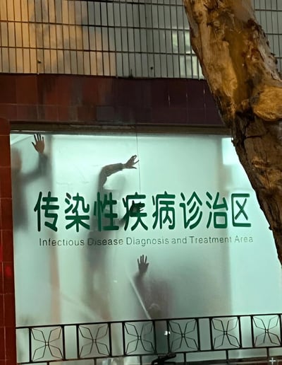 一张医院或医疗机构的照片，展示了一扇玻璃门，门上有绿色的中文和英文标识，写着“传染性疾病诊治区”和“Infectious Disease Diagnosis and Treatment Area”。透过磨砂玻璃可以看到几个模糊的人影，他们的手似乎正按在玻璃上，营造出一种紧张或不安的氛围。照片右侧有一截树干，背景是建筑物的墙壁。