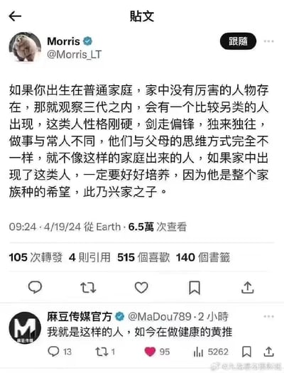 这是一张海外社交平台X（原推特）的截图，用户Morris发布长文称普通家庭中出现的性格另类、思维与家族迥异的人是家族的“兴家之子”，是家族的希望；下方认证账号“麻豆传媒官方”评论玩梗，自称就是这类人，如今在做“健康的黄推”，利用自身品牌的成人行业属性制造反差笑点，“黄推”是谐音梗，暗指其成人相关业务，用“健康的”来调侃包装，形成搞笑的反差效果，该截图被网友搬运到中文社交平台流传。