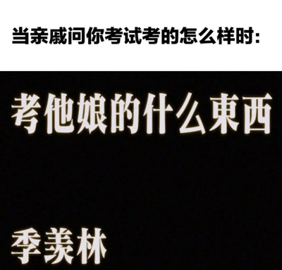 这张梗图用幽默方式表达了学生在面对家长关于考试成绩的关心时内心躁郁与无奈。上方的文字“当亲戚问你考试考得怎么样时：”指明了场景，下面大字“考他娘的什么东西”则直接表达了学生的无语、反叛甚至轻微暴躁情绪，最后署名“季羡林”是一种流行网络造梗方式，借用名人名言形式增加趣味性和讽刺意味。整体风格偏向自嘲、调侃，有一定的网络谐音梗和反差效果。**署名季羡林属于幽默恶搞，实际并非其原话。**