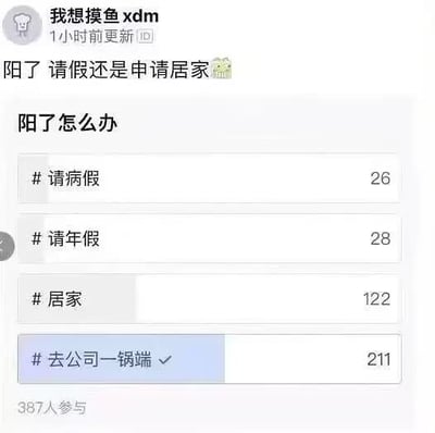 这是一张社交平台帖子截图，发布者昵称为「我想摸鱼xdm」，发文询问自己新冠阳性后应该请假还是申请居家办公，同时附带了相关投票。投票共有四个选项，得票最高的是带有调侃性质的「去公司一锅端」，远超居家、请假等常规选项，体现了职场人面对生病还要上班的不满自嘲心态。