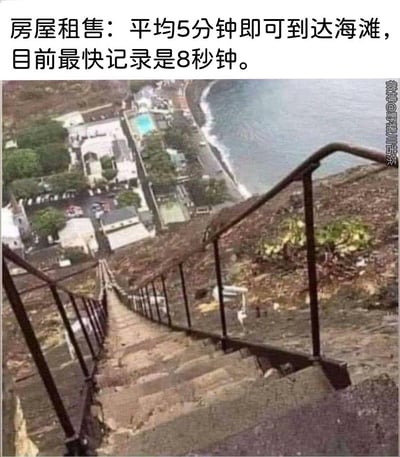 图片上方为房屋租售广告文字：“房屋租售：平均5分钟即可到达海滩，目前最快记录是8秒钟。”，下方是一张俯拍视角的照片，展示了一段极其陡峭的楼梯，楼梯下方是沿海的建筑群和海滩。通过图文结合形成幽默效果，暗示“最快记录8秒钟”可能是从陡峭楼梯上快速滑落/坠落到达海滩的夸张说法，而非正常步行。