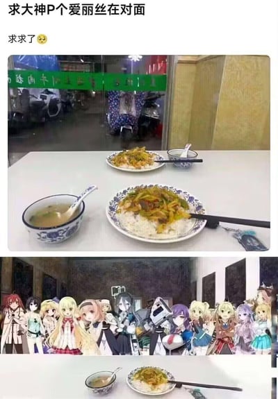 这是一组上下对比的P图整活内容：上图是用户在快餐店的用餐场景，餐桌上摆放着两份盖饭和汤，用户配文请求P图大神给自己P一个爱丽丝在餐桌对面；下图是被P图后的效果，餐桌对面被P上了一排不同的二次元女性角色，其中包含多个名为爱丽丝的不同作品角色，属于典型的P图求助被恶搞的整活内容，通过超额满足需求的方式制造搞笑效果。
无谐音梗、双关或暗示内容。