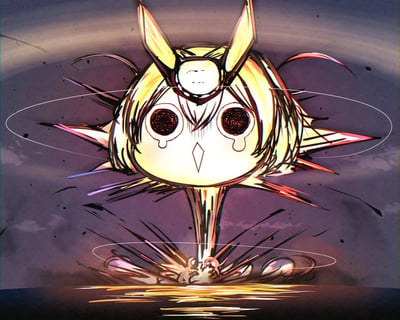 这是一幅充满创意的ACG同人手绘作品，将VOCALOID的经典角色镜音铃的头部形象与核弹爆炸的蘑菇云进行结合，打造出“铃核弹”的玩梗形象。角色保留了镜音铃标志性的金色短发与发饰，双眼设计为类似爆炸纹理的深色图案，脸颊带有泪滴状装饰，头部下方延伸出蘑菇云的柱体，底部是爆炸冲击的尖锐线条效果，背景是暗沉的灰紫色天空，整体画风夸张且充满视觉冲击力，通过怪异又贴合梗的造型，展现出同人创作的趣味玩梗属性。