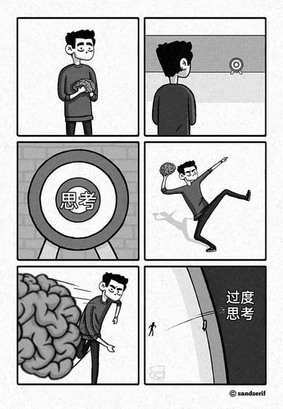 这是一组由六格组成的黑白卡通漫画，用夸张的具象化手法诠释“过度思考”的负面影响：第一格中，一名卡通男性双手捧着一颗大脑，表情平静；第二格他转身看向远处的靶心；第三格特写靶心，其中心位置标注着“思考”二字，将思考具象为需要击中的目标；第四格男性摆出全力投掷的姿势，将手中的大脑朝靶心扔出；第五格大脑并未击中靶心，反而飞速折返，狠狠撞向男性的后背；第六格男性被大脑撞得向前飞出去，画面右侧配文“过度思考”，隐喻当人过度沉浸于思考时，思考本身会反过来成为负担，对人造成反噬。