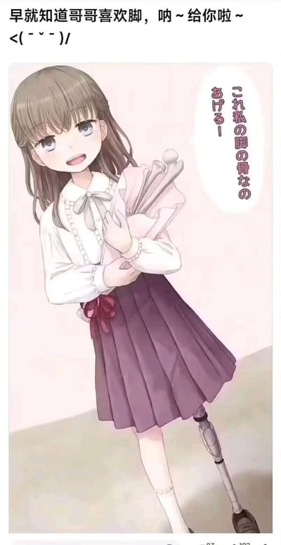 这是一张二次元风格的静态竖版插画，画面主体是一位穿着白色翻领衬衫、紫色百褶裙的少女，她的右腿是机械义肢，双手抱着用浅粉色包装纸包裹的自己的脚骨，脸上带着病态的甜美笑容。画面右侧的日文对白气泡翻译为“这是我的脚骨，送给你！”，图片顶部还有中文配文“早就知道哥哥喜欢脚，呐～给你啦～<( - ˇ - )/”。作品以病娇风格为核心，用极端荒诞的方式回应“喜欢脚”的特殊喜好，制造出惊悚又搞笑的反差感，属于暗黑系二次元创作。