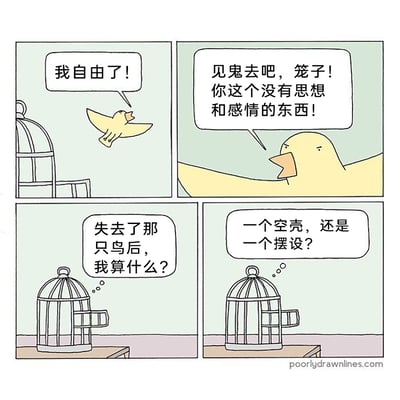 这是一幅四格连环卡通漫画，以鸟和笼子的视角转换，讲述了一个关于存在意义的哲思小故事：第一格中，黄色小鸟打开笼门飞出，兴奋地大喊“我自由了！”；第二格，小鸟转头对着笼子愤怒咒骂，宣泄长久以来被囚禁的不满；第三格，空荡的笼子陷入自我怀疑，内心发问“失去了那只鸟后，我算什么？”；第四格，笼子继续迷茫地思考自身价值，疑惑自己“一个空壳，还是一个摆设？”。漫画通过荒诞又细腻的心理刻画，展现了关系中双方在角色断裂后的身份困境，引发读者对存在价值的思考。