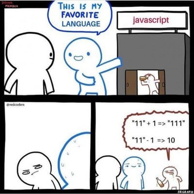 这是一幅四格卡通连环图，以编程为主题调侃JavaScript语言特性。第一格中，蓝色简笔画小人兴奋地指着标有'javascript'的建筑说：'THIS IS MY FAVORITE LANGUAGE'（这是我最喜欢的语言）。第二格显示建筑内有个小人正在活动。第三格中，另一个简笔画小人表情疑惑地看向蓝色小人。第四格用红色文字展示JavaScript中有趣的运算结果：'11' + 1 => '111'（字符串拼接）和'11' - 1 => 10（数字减法），蓝色小人因此表情尴尬，生动体现了JavaScript处理字符串与数字运算时的不一致性，引发程序员共鸣和笑点。