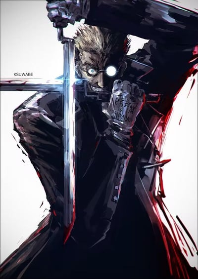 A dynamic illustration of a cybernetic swordsman with spiky blonde hair, mechanical eye, and cybernetic enhancements, wielding a sword in an intense battle stance. The artwork features bold brushstrokes and high contrast lighting, with the artist's signature 'KSUWABE' visible in the top left corner.