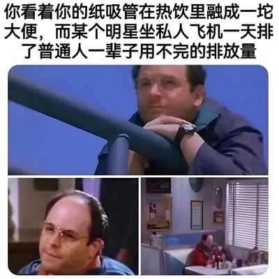 这是一张讽刺类梗图，上方文字内容为："你看着你的纸吸管在热饮里融成一坨大便，而某个明星坐私人飞机一天排了普通人一辈子用不完的排放量"，下方由三张《宋飞正传》中乔治·科斯坦萨的截图组成，分别是他靠在栏杆上沉思、面部特写和在餐厅独坐的场景，通过普通人使用环保纸吸管的不便与明星私人飞机高碳排放的对比，批判了环保措施执行中的不公平现象和环保虚伪问题。