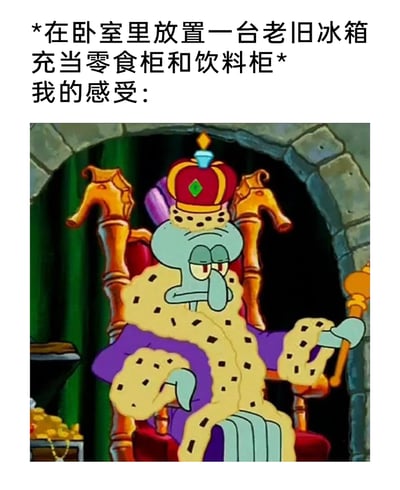 这是一张充满生活趣味的搞笑梗图，上方用文字描述了“在卧室放置一台老旧冰箱充当零食柜和饮料柜”的日常场景，随后用“我的感受：”引出下方的动画截图。截图是经典动画《海绵宝宝》里的角色章鱼哥，他身着紫色帝王服饰、佩戴皇冠，坐在带有马头装饰的帝王宝座上，手持权杖，神态慵懒又带着帝王般的尊贵感。这张图用夸张的卡通形象，将拥有卧室专属零食饮料冰箱这种小确幸，放大成帝王级的享受，生动地表达了这种生活方式带来的满足感与快乐，让日常的小幸福充满了趣味性。