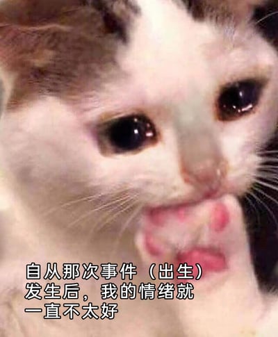 这是一张经过P图改编的趣味表情包，画面主体是一只眼含泪水、神情委屈低落的小猫，它的嘴巴位置被P上了人类的嘴唇，呈现出类似抿嘴委屈的神态。图片下方配有玩梗文字“自从那次事件（出生）发生后，我的情绪就一直不太好”，用自嘲、戏谑的方式表达对生活的疲惫与消极情绪，通过可爱又委屈的视觉效果放大这种低落感，非常适合用来吐槽日常的不顺心与摆烂心态。