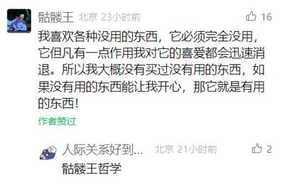 这是一张社交媒体评论区的静态截图，画面中展示了两条用户评论。用户“骷髅王”发布了一段充满辩证感的独特观点，称自己偏好完全没有实用功能的物品，只要物品具备一点实用作用，自己对它的喜爱就会快速消退，但随即又补充，若一件被认为没用的东西能让自己开心，那它就属于有用的东西，这段自圆其说的发言形成了有趣的逻辑闭环。另一位用户则以“骷髅王哲学”来调侃这段观点，整体内容传递出一种轻松、自洽的生活态度，评论区的互动也增添了趣味性。