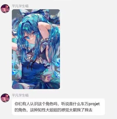 这是一段国内社交媒体的聊天记录截图，用户「平凡学生喵」先分享了一张蓝发蓝瞳的二次元少女插画，随后发消息询问群友是否认识该角色，提到听说她是「车万projet」（东方Project的谐音戏称）的角色，还表示这个角色的知性大姐姐气质戳中了自己。图中的角色是东方Project系列中的冰妖精琪露诺，这张插画是对该角色的二次创作，一改其原作中元气活泼的形象，赋予了她温柔沉静的知性气质。