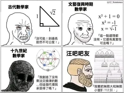 这是一张四格连环梗图，以Wojak系列表情展现数学发展不同阶段研究者的精神状态，最后结合贴吧文化制造反差搞笑效果：
第一格：古代数学家面对等腰直角三角形斜边√2（无理数）的不可公度性，这一发现打破了当时人们对「数」的认知，数学家呈现崩溃大哭、面部扭曲的状态，配文「不可能！斜边长居然不可公度！」；
第二格：文艺复兴时期数学家面对x²+1=0的方程，也就是虚数的概念，虚数在当时被认为违背「真实」，数学家满脸疑惑、不敢置信，配文「这一点道理都没有。它还有真实性可言吗？」；
第三格：十九世纪数学家创造了没有乘法交换律的四元数，这一数学概念突破了传统代数的规则，数学家呈现出麻木空洞、精神耗尽的状态，配文「我创造了没有乘法交换律的数…但这个代价我承受得了吗？」；
第四格：百度贴吧汪吧的吧友，提出要把无限大和无限小直接当数来计算，这一想法相比前面的数学突破更加「离谱」，吧友却表情淡定、理所当然，配文「我要把无限大和无限小当数算——」。
整图通过数学史的真实认知冲击，对比贴吧吧友的无厘头想法，制造出荒诞搞笑的效果。