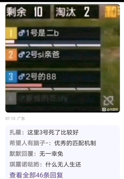 这是一张游戏截图，显示了一个有10名剩余玩家、已淘汰2名玩家的游戏对局。玩家列表中出现了几个不文明或攻击性的用户名："1号是二b"、"2号si亲爸"和"2号的88"。截图下方显示了几条评论，包括"这里3号死了比较好"、"优秀的匹配机制"、"无一幸免"和"什么无人生还"等内容，反映了玩家对这种游戏环境的吐槽。截图右下角有"@吊图吧"的水印，时间显示为07-15，地点为广东。