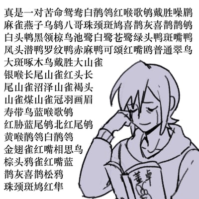 这是一张幽默梗图，左侧是大量鸟类名称的文字列表，以"真是一对苦命鸳鸯"开头，随后列举了数十种鸟类名称，形成一种文字游戏效果。右侧是一个简笔画风格的卡通人物，表情苦恼，手扶额头，另一只手拿着一本写有"鸟类"字样的书，似乎在为记住这么多鸟类名称而感到头疼。这种将成语与大量专业术语结合的方式制造了喜剧效果，暗示学习过程中的困难和无奈。