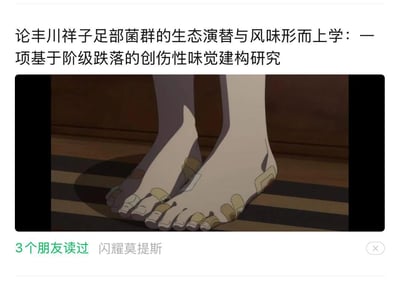 这是一张社交媒体平台的图文梗图，上方是模仿严肃学术论文标题的恶搞文字：「论丰川祥子足部菌群的生态演替与风味形而上学：一项基于阶级跌落的创伤性味觉建构研究」，下方搭配动画《Lycoris Recoil》（莉可丽丝）中角色丰川祥子贴满创可贴的双脚的截图。用正经的学术论文格式来玩角色的相关梗，通过反差感制造搞笑效果，调侃角色的经历和这个极具记忆点的足部画面。