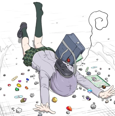 一幅动漫风格插画，描绘了一名女学生面朝下摔倒在地的场景。她穿着绿色格子裙、白色衬衫和绿色长袜，黑色鞋子从一只脚上脱落。一个蓝色的书包翻倒在她身旁，里面的物品散落一地，包括各种彩色的小物件和纸张。她的四肢张开，头部附近有一个类似问号的漩涡图案，暗示她可能感到困惑或失去意识。背景是简单的白色网格图案，突出显示了摔倒的女孩和散落的物品。