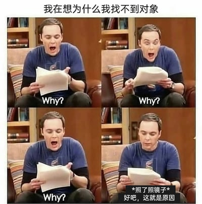 这是一张由四格影视截图拼接而成的表情包，上方配有中文文字“我在想为什么我找不到对象”。前三格中美剧《生活大爆炸》的主角谢尔顿手持纸张，张大嘴巴，满脸疑惑地重复说着“Why?”，生动表现出对自己找不到对象的不解；最后一格中谢尔顿放下纸张，配文“*照了照镜子* 好吧，这就是原因”，以幽默自嘲的方式调侃自己找不到对象的原因在于自身，用谢尔顿的夸张表情放大了这种自我吐槽的搞笑效果，容易引发单身群体的情感共鸣。