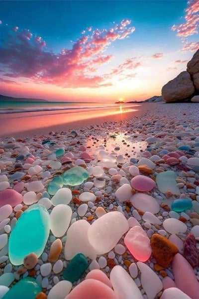 这是一幅AI生成的虚构海滩风景图，前景铺满了圆润通透、色彩柔和的马卡龙色调海玻璃，包含淡蓝、柔粉、米白、墨绿等多种颜色，成为画面的视觉焦点；中景是被落日染成暖粉色的沙滩与轻轻拍岸的浅蓝海水，海面倒映着落日的暖光；远景的天空中，粉橙与钴蓝交织的绚烂晚霞层层铺展，落日正缓缓沉向海平面，画面右侧还矗立着一块深色礁石。整体色调柔和浪漫，氛围治愈梦幻，仿佛是只存在于童话中的绝美海滩。