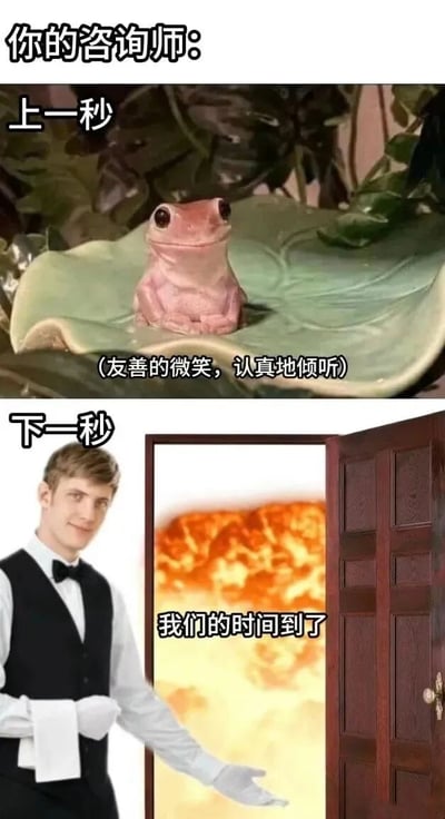 这是一张上下对比的梗图，上方展示一只粉色青蛙坐在绿色叶子上，配文'你的咨询师：上一秒（友善的微笑，认真地倾听）'；下方是一位穿着服务生制服的男子打开一扇门，门后是爆炸的火光，配文'下一秒 我们的时间到了'。通过强烈的反差幽默，调侃咨询师咨询时间结束时的突然转变。