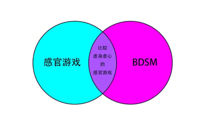 这是一张对比感官游戏与BDSM关系的维恩图。图中左侧蓝色圆形代表"感官游戏"，右侧粉色圆形代表"BDSM"，两个圆形重叠的紫色区域写着"比较虐身虐心的感官游戏"，表明这是两者的交集部分。整个图表采用鲜明的色彩对比，使不同概念区域清晰可辨。