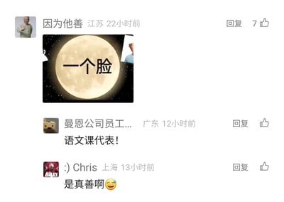 这是一张社交媒体评论区的截图，来自江苏的用户“因为他善”发布了一张经过修改的月亮图片，图片中的月亮上标注了“一个脸”字样，结合其用户名玩“因为他善（扇），月（一）脸（脸）”的谐音梗；随后来自广东的用户“曼恩公司员工...”回复“语文课代表！”，称赞其玩梗的巧妙，来自上海的用户“:) Chris”则回复“是真善啊😅”，继续呼应这个谐音梗，形成了评论区的趣味互动。
