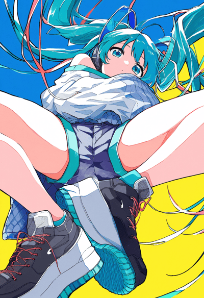 这是一幅风格鲜明的二次元同人插画，画面主体是虚拟歌手初音未来：她以低视角的姿态呈现，标志性的蓝绿色双马尾发丝肆意飞扬，头上戴着耳机，上身穿着宽松的露肩针织衫，下身搭配带蓝绿包边的运动短裤，脚上穿着带有耐克标识的潮酷高帮运动鞋，双腿分开、双脚朝向镜头，仿佛正凑近观看者。背景采用蓝黄撞色设计，色彩对比强烈，整体画风充满动感与潮流感，视觉冲击力十足，将初音未来的活力与现代潮流风格结合得恰到好处。