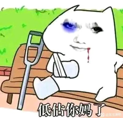 一只白色卡通猫咪坐在木质长椅上，左眼有明显的蓝色淤青（黑眼圈），右臂打着绷带，左腿打着石膏，身旁靠着一根拐杖。嘴角有血迹渗出，脸上带着一丝勉强的微笑。背景是绿色的草地。图片底部配有文字“低估你妈了”，整体通过猫咪的受伤形象和文字结合，幽默地表达出被对方实力所震撼或低估了对方的情绪。