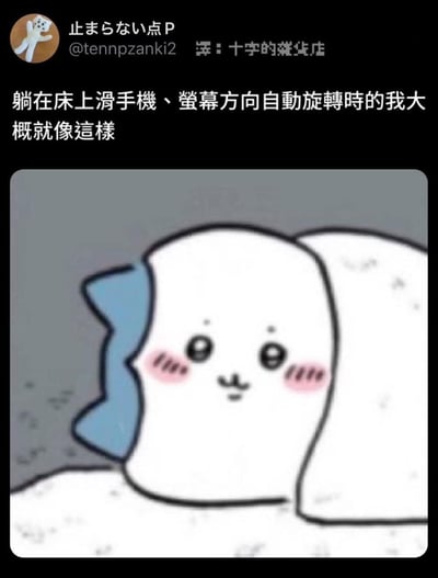 这是一张充满共鸣感的吐槽梗图，配文「躺在床上滑手機、螢幕方向自動旋轉時的我大概就像這樣」，图中展示了一个原本软萌的卡通形象被扭曲成和手机自动旋转适配的奇怪角度，生动又夸张地还原了人们躺在床上玩手机时，遇到屏幕自动旋转，自己被迫跟着调整姿势的无奈又好笑的日常场景，精准戳中了很多人的生活小烦恼。