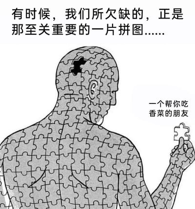 这是一张充满生活趣味的搞笑梗图，画面主体是一个由拼图块组成的人形，他的头部后方缺失了一块拼图，手里正拿着一块匹配的拼图，似乎要将缺失的部分补上。图片上方配有文字“有时候，我们所欠缺的，正是那至关重要的一片拼图……”，右侧则补充文字“一个帮你吃香菜的朋友”，用拼图缺失来比喻讨厌香菜的人所需要的“关键助力”，以夸张幽默的方式调侃了部分人讨厌香菜、希望有人帮忙解决香菜的日常小困扰，充满生活化的幽默感。