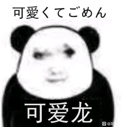 该图为一张卡通风格的静态表情包，主体是一个黑白熊猫形象的卡通角色，面部线条简单略带模糊，呈现出微笑的表情。角色上方有日文文字“可愛くてごめん”（意为“抱歉太可爱了”），下方则是醒目的中文文字“可爱龙”，右下角带有“@龙”的水印。整体通过熊猫形象与“可爱龙”名称的反差，结合日中双语文字，营造出轻松幽默的可爱氛围，常用于社交媒体中表达卖萌或自嘲的情绪。