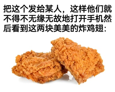图片上方为黑色文字：“把这个发给某人，这样他们就不得不无缘无故地打开手机然后看到这两块美美的炸鸡翅：”，下方是两块金黄色、外皮酥脆的炸鸡翅，背景为纯白色。整体构图简洁，目的是通过分享图片让接收者看到诱人的炸鸡翅，带有轻松搞笑的社交互动意味。