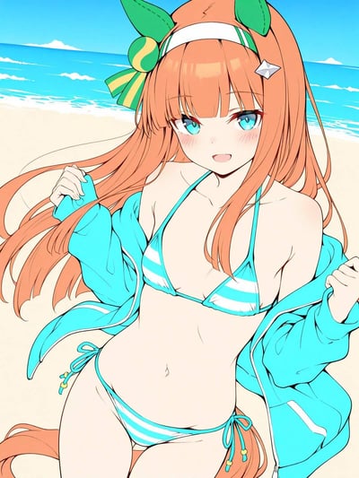 这是一幅AI生成的二次元风格插画，描绘了手游《赛马娘 Pretty Derby》中的角色无声铃鹿，身着蓝白条纹比基尼外搭浅蓝色开衫，站在阳光明媚的海滩上的场景。角色橙发随风轻扬，蓝眸含着笑意，脸颊泛起红晕，双手抓着开衫衣角，姿态娇俏可爱。背景是碧蓝的大海与暖黄色沙滩，整体画面充满夏日清新治愈的氛围，完美展现了角色的夏日活力。
