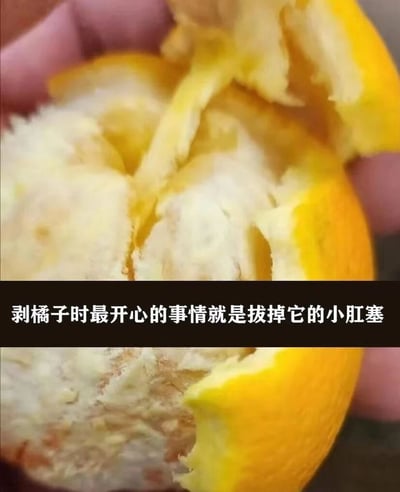 图片由上下两张特写照片组成，上方照片展示一只手正在剥橘子，手指捏着橘子瓣间的白色筋络，将中心的白色果蒂（俗称“小肛塞”）拔出的瞬间，橘子果肉和果皮的纹理清晰可见；下方照片是剥除“小肛塞”后的橘子特写，露出光滑的果肉截面。中间黑色背景的白色文字写道“剥橘子时最开心的事情就是拔掉它的小肛塞”，用幽默的比喻将橘子中心的白色果蒂称为“小肛塞”，调侃剥橘子过程中这一带来满足感的细节动作，整体风格轻松诙谐，贴近日常生活。