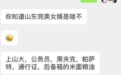 这是一张社交聊天记录截图，对话内容围绕“山东完美女婿”展开：首先由一位用户抛出问题“你知道山东完美女婿是啥不”，并附带一个笑哭的表情，随后另一位用户给出了总结性的答案，将“上山大（山东大学）、公务员、黑夹克、帕萨特、通行证、后备箱的米面粮油”列为山东完美女婿的标签。这段内容是结合山东当地的婚恋偏好、社会习俗，对受欢迎的女婿形象进行的幽默调侃，把高学历、稳定工作、特定穿搭座驾以及实用的上门礼这些点结合起来，塑造出一个符合当地普遍期待的“完美女婿”模板，充满地域特色的趣味感。