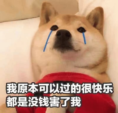一张柴犬躺在沙发上的图片，脸上被添加了蓝色的眼泪，配文'我原本可以过的很快乐 都是没钱害了我'，表达了因缺钱而不快乐的情绪。