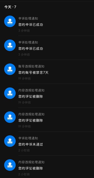 这是某平台账号的通知中心截图，记录了今日的7条通知时间线：
1. 2小时前：一条评论因违规被删除，随后的申诉未通过
2. 19分钟前：两条评论因违规被删除，同时账号被禁言7天
3. 3分钟前：两条申诉处理通知显示申诉已成功
整个过程呈现了账号从违规处罚到申诉成功的反转，重复发送的申诉成功通知也显得有些乌龙。