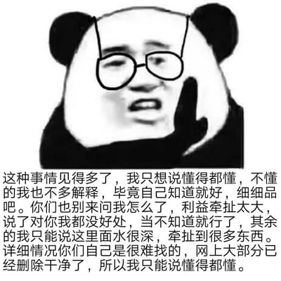 这是一张典型的废话文学主题表情包，主体为经过改图的黑白熊猫头形象，熊猫头被添加了戴黑框眼镜、故作高深的人类面部表情，一只手抬起放在脸颊旁做出意味深长的姿态，图片下方配有一整段没有任何有效信息量的文字，反复提及“懂得都懂”“利益牵扯大”“水很深”等话术，全程没有说明任何实质内容，调侃了网络上故弄玄虚、用空洞套话搪塞他人、假装掌握内部信息的行为。