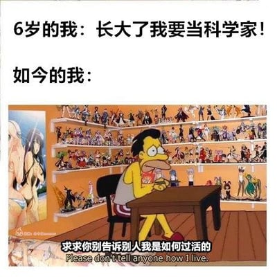 这是一张上下对比的自嘲梗图，上方文字标注“6岁的我：长大了我要当科学家！”，展现童年时期的远大理想；下方是《辛普森一家》中的角色霍默·辛普森坐在堆满各类动漫手办的房间里，配文“如今的我：求求你别告诉别人我是如何过活的”，同时附带英文翻译“Please don't tell anyone how I live.”。图中用童年的宏大理想与如今沉浸在手办收藏中的现实形成强烈反差，以幽默自嘲的方式调侃很多人长大后并未实现童年的远大目标，而是投身于自己的兴趣爱好中，充满搞笑又无奈的氛围。