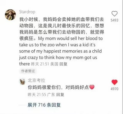 这是一张竖屏的社交媒体截图，用户「Stardrop」发布了一段中英双语的个人回忆：小时候母亲卖血带自己和家人去动物园，这段经历是自己儿时最快乐的回忆，如今回想起来满是感慨。这条动态获得了5493个点赞；下方高赞评论来自用户「北京考拉」，评论内容为「你妈妈很爱你们，对妈妈好点❤️」，获得了4970个点赞，评论区还有716条更多回复，整体内容传递出深沉的母爱与温暖的亲情，引发情感共鸣。