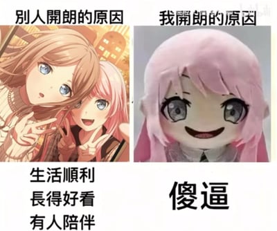 这是一张左右对比的搞笑自嘲梗图，通过反差感制造笑点：左侧展示“别人开朗的原因”，搭配二次元企划《BanG Dream! It's MyGO!!!!!》中长崎爽世与高松灯的动画截图，下方文字列出“生活顺利、长得好看、有人陪伴”这些常规的积极因素；右侧展示“我开朗的原因”，搭配该企划角色高松灯的魔性同人玩偶图，下方用“傻逼”自嘲，调侃自己的开朗源于没心没肺、不拘小节的状态，没有双关或谐音梗，整体风格轻松搞笑，贴合ACG爱好者的自嘲语境。