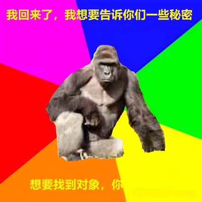 图片中央是一只蹲坐姿态的大猩猩，表情严肃，单手撑地。背景由多种鲜艳颜色的几何色块组成，包括粉色、蓝色、绿色、黄色、橙色和红色。图片上方有黄色文字："我回来了，我想要告诉你们一些秘密"，下方有黄色文字："想要找到对象，你"。整体风格具有强烈的视觉冲击力，文字内容暗示将提供关于寻找伴侣的建议或秘诀。