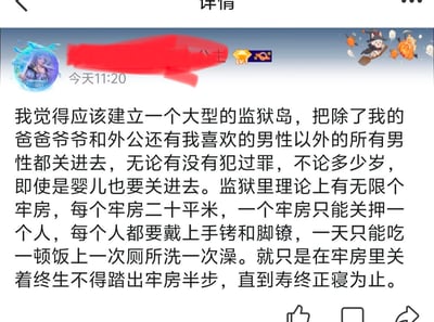 这是一张社交媒体动态截图，发布者使用二次元风格女性头像，发布了一段极端且违背社会伦理的性别对立言论：提议建立一座监狱岛，将除自己父亲、爷爷、外公和喜欢的男性之外的所有男性，无论年龄大小、是否有犯罪行为，哪怕是婴儿都强行关押进去，还详细描述了监狱里严苛到不合理的关押条件，包括单人小牢房、佩戴手铐脚镣、限制饮食与日常活动，要求被关押者终生不得踏出牢房，言论完全不符合正常的社会认知与人道主义原则。