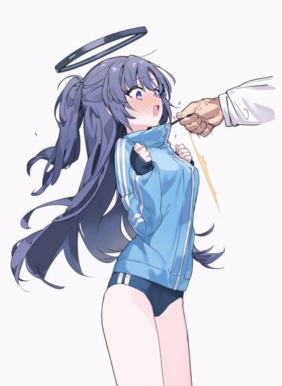 一张动漫风格的插画，描绘了一位有着紫色长发、扎着马尾辫的少女。她头上戴着一个光环，身穿蓝色带白色条纹的外套和深色短裤。少女表情惊讶，脸颊泛红，嘴巴微张，双手握拳放在胸前。一只属于年长男性的手（从右侧伸出，穿着白色袖子）正在拉少女外套的拉链。整个画面背景为纯白色，突出人物形象。