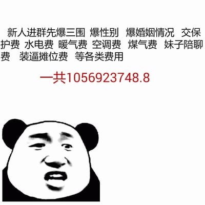 图片上方为黑色文字，列出新人进群需遵守的夸张要求：包括爆三围、性别、婚姻情况，以及缴纳保护费、水电费、暖气费、空调费、煤气费、妹子陪聊费、装逼摊位费等各类费用，最终合计金额用红色突出显示为“1056923748.8”。图片下方是一个经典熊猫头表情包角色，面部表情夸张，带有惊讶和戏谑的神态，整体通过荒诞的高额费用和过度的入群要求制造幽默效果，调侃网络群聊中可能存在的严苛或玩笑性质的入群规则。